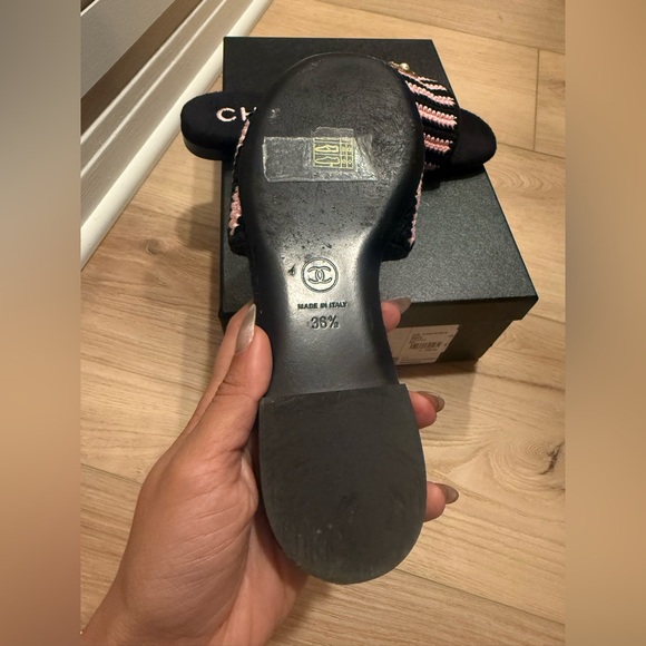 CHANEL Black and Pink crochet Striped Slides - Picture 5 of 7